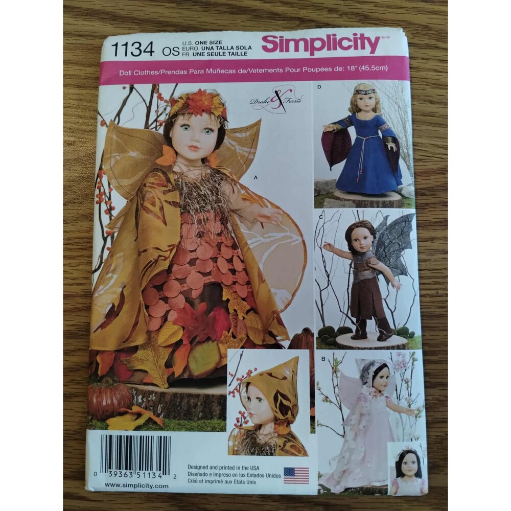 1134 Simplicity 18" Doll Fairy-like Costumes, new, factory-folded